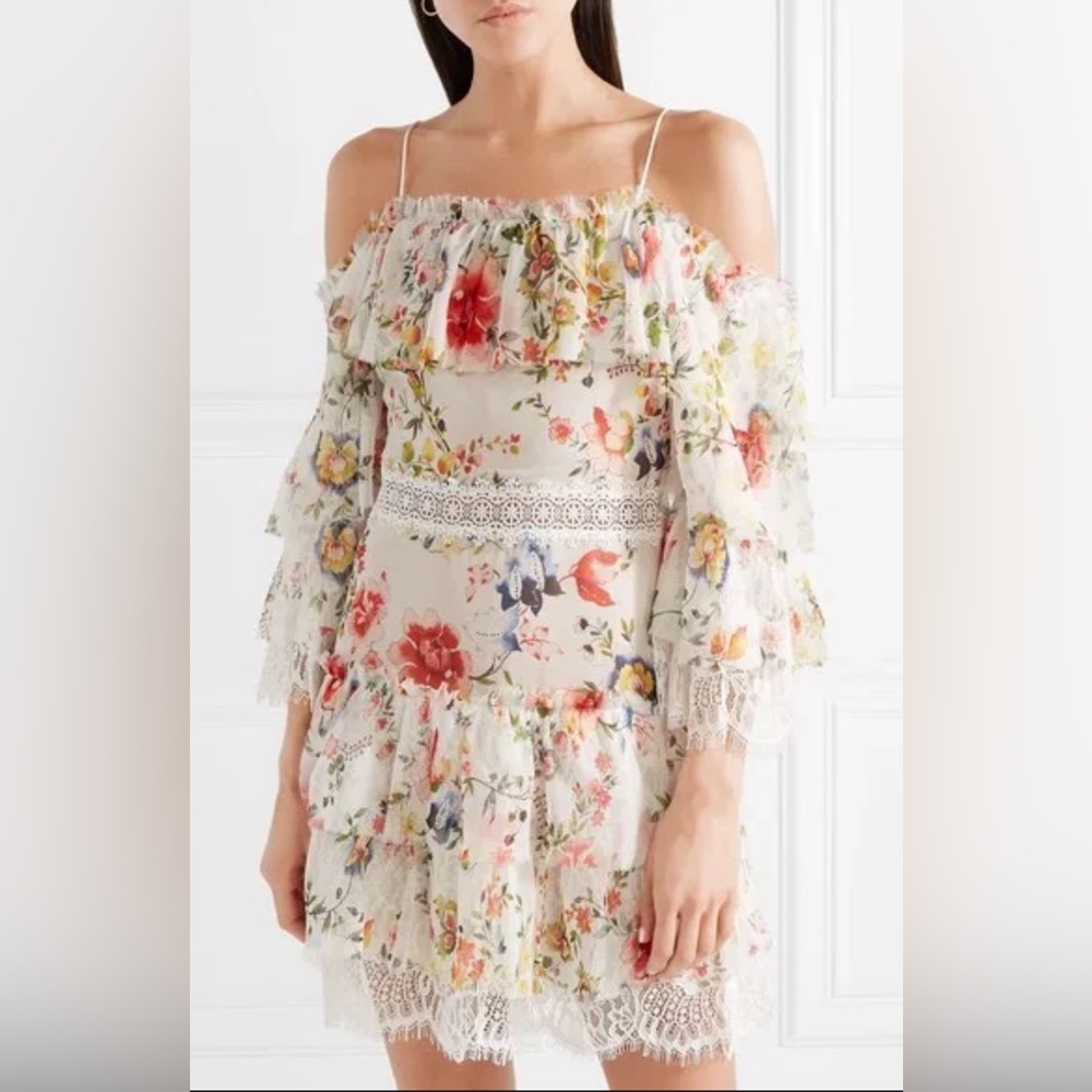 Alice + Olivia Santos Cold Shoulder Floral Print Tiered Silk Dress